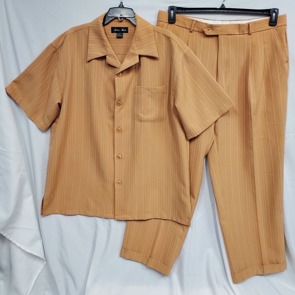 Milano Moda 2 Pc Orange Walking Suit Short Sleeve Set Shirt XL, 38 Pants